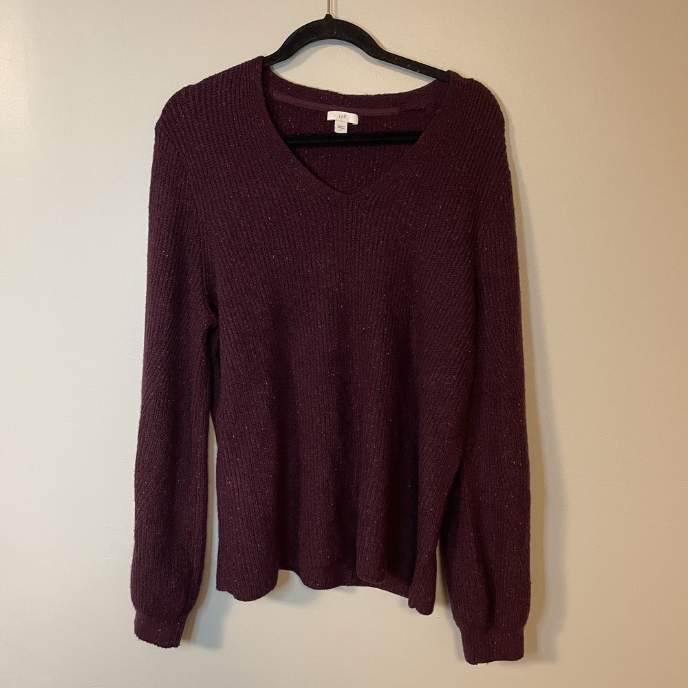 J Jill Ribbed Sweater Women's L Purple Thick Knit Balloon Long Sleeve V Neck